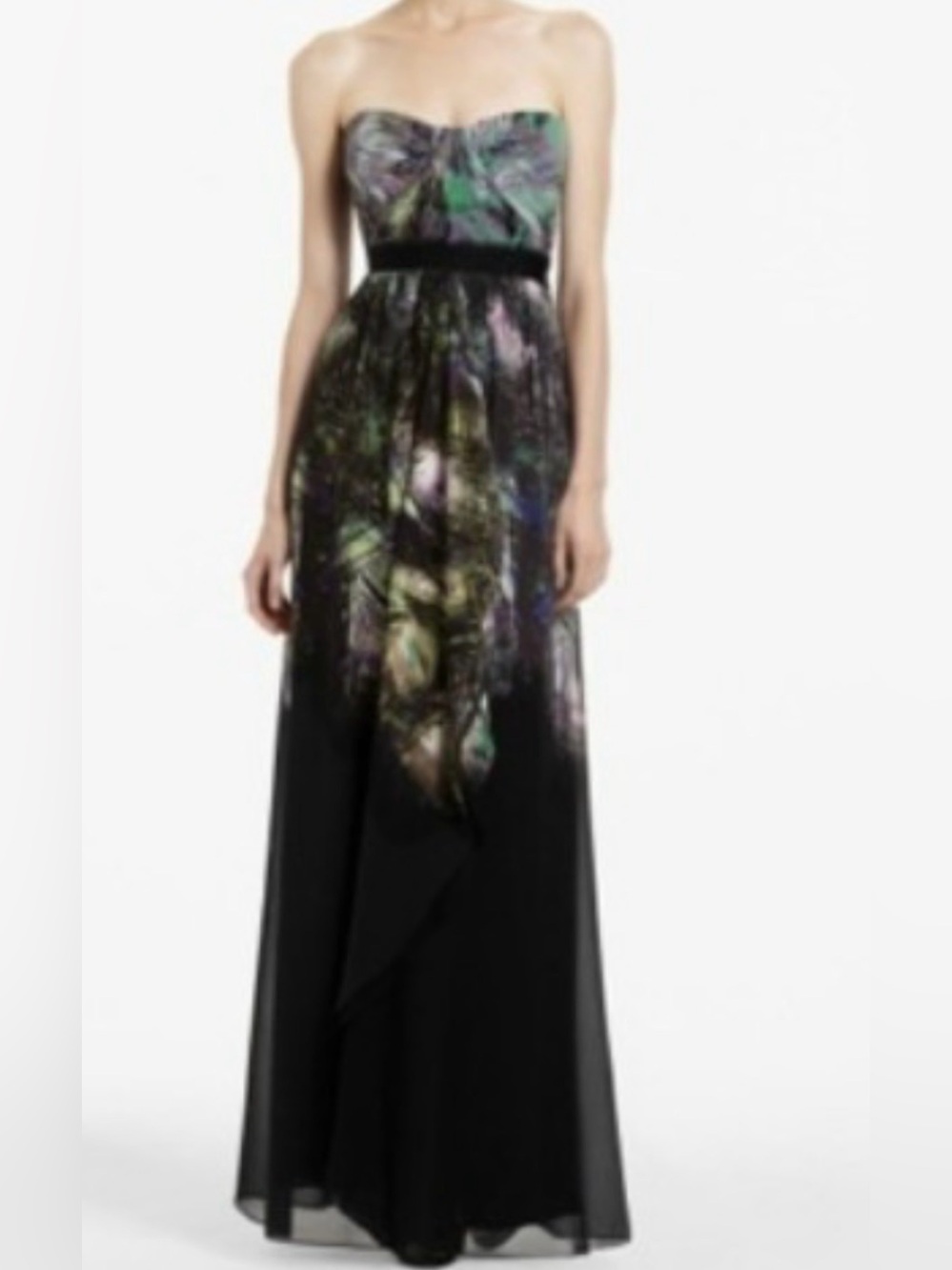 BCBGMaxAzria Black Strapless Gown with Iridescent Floral Bodice